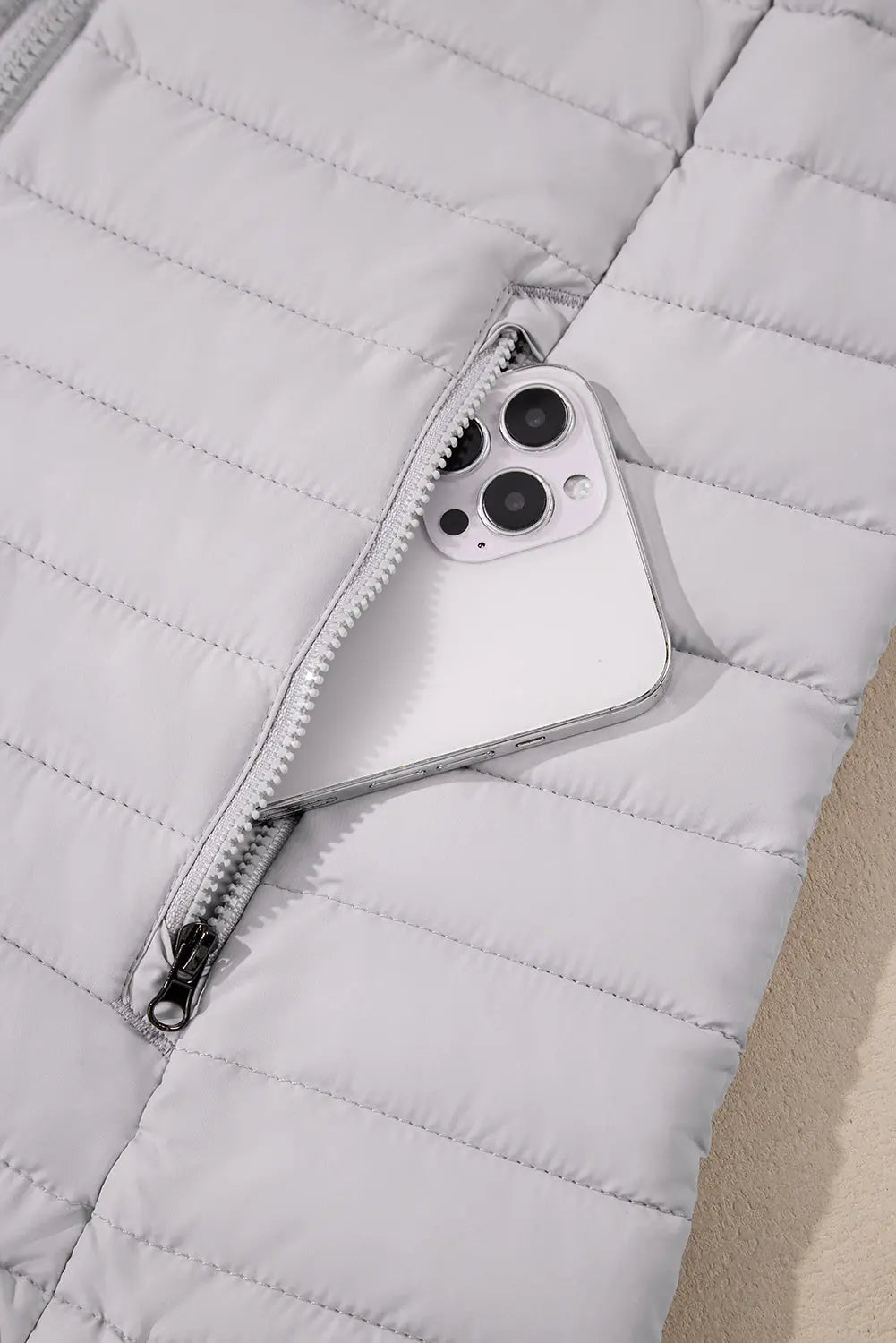 Silvery Solid Colour Quilted Zip-up Puffer Jacket - eAura