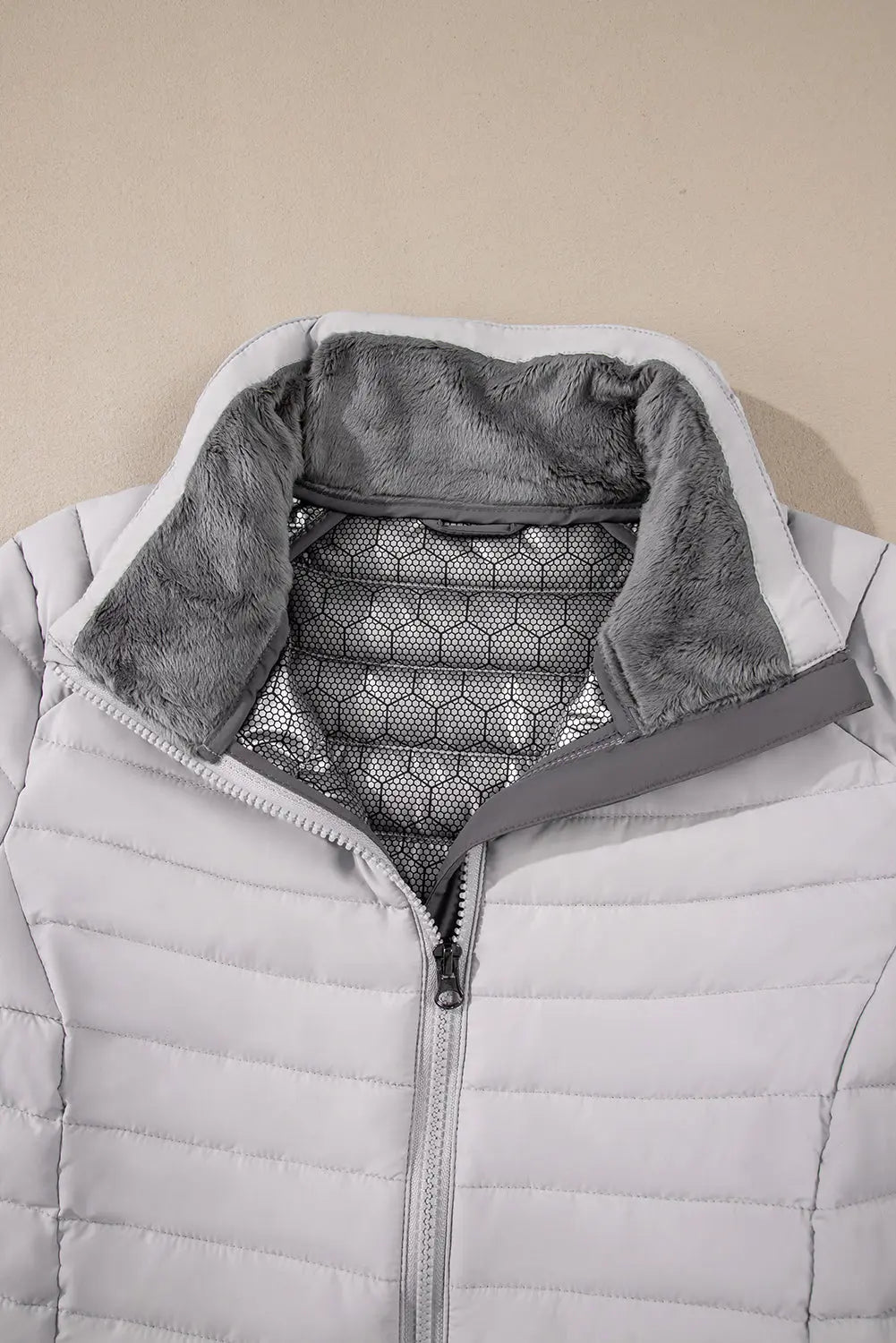 Silvery Solid Colour Quilted Zip-up Puffer Jacket - eAura