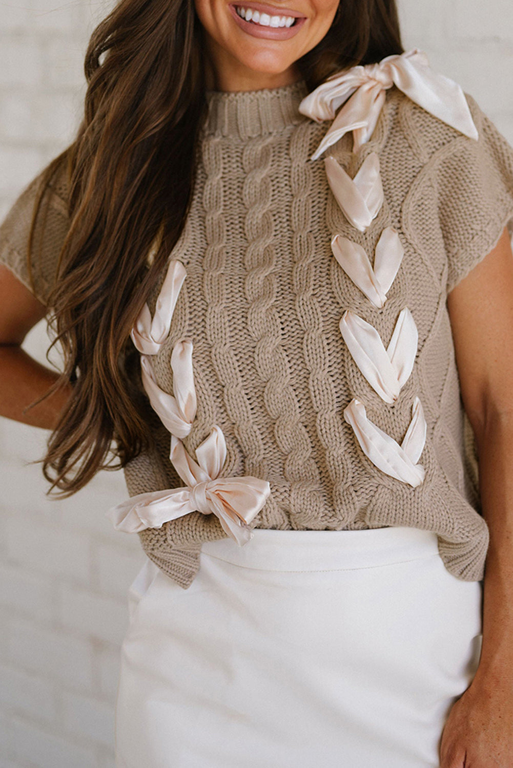 Simply Taupe Cable Knit Colourblock Satin Bowknot Short Sleeve Sweater - SIMPLY TAUPE / S - Sweaters & Cardigans/Short