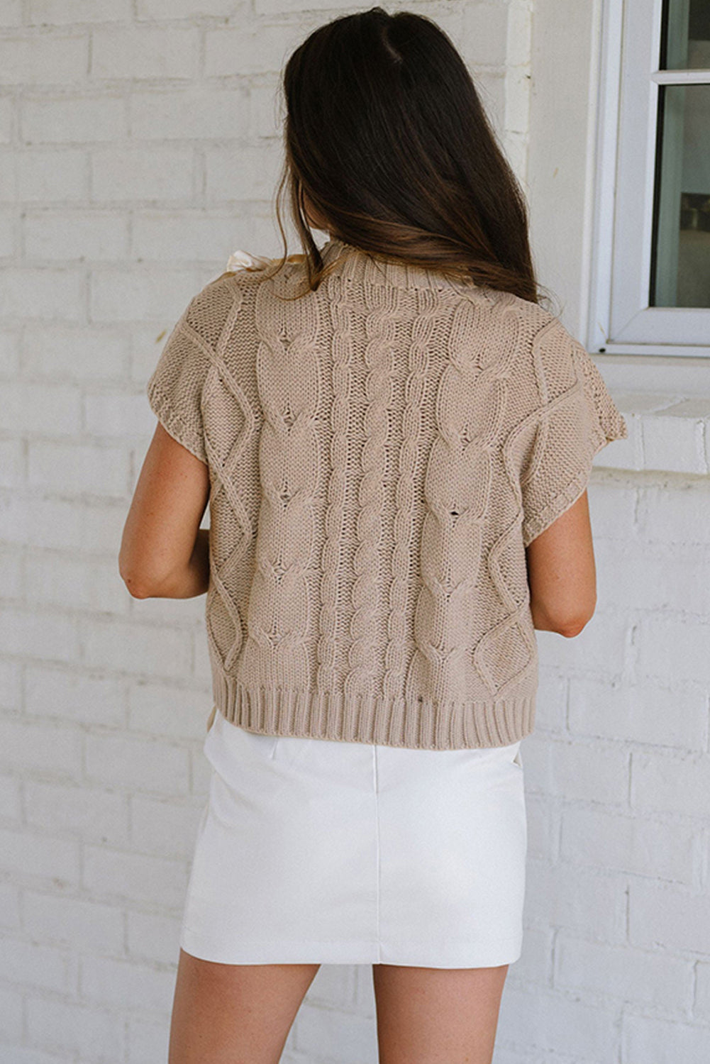 Simply Taupe Cable Knit Colourblock Satin Bowknot Short Sleeve Sweater - Sweaters & Cardigans/Short
