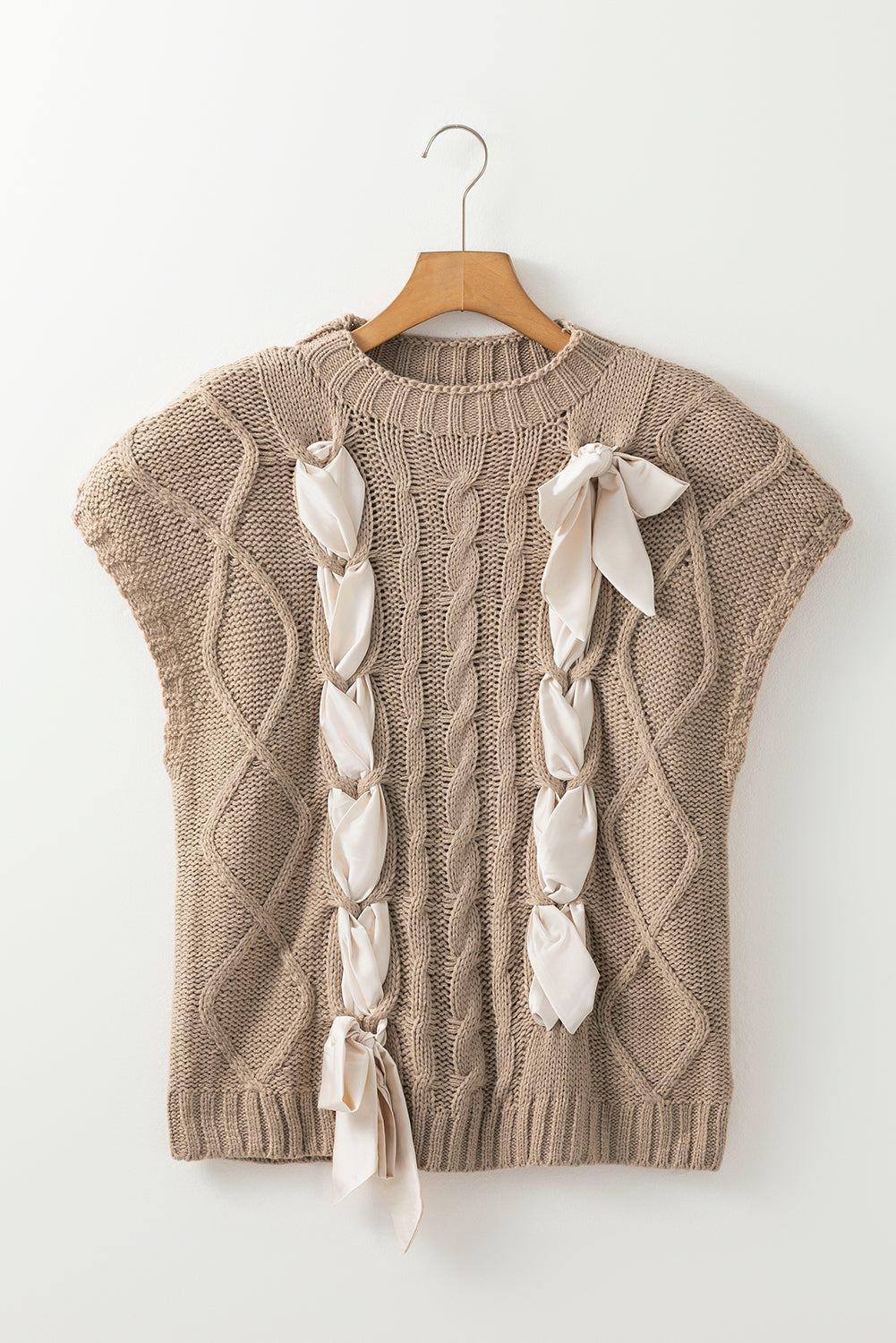 Simply Taupe Cable Knit Colourblock Satin Bowknot Short Sleeve Sweater - Sweaters & Cardigans/Short
