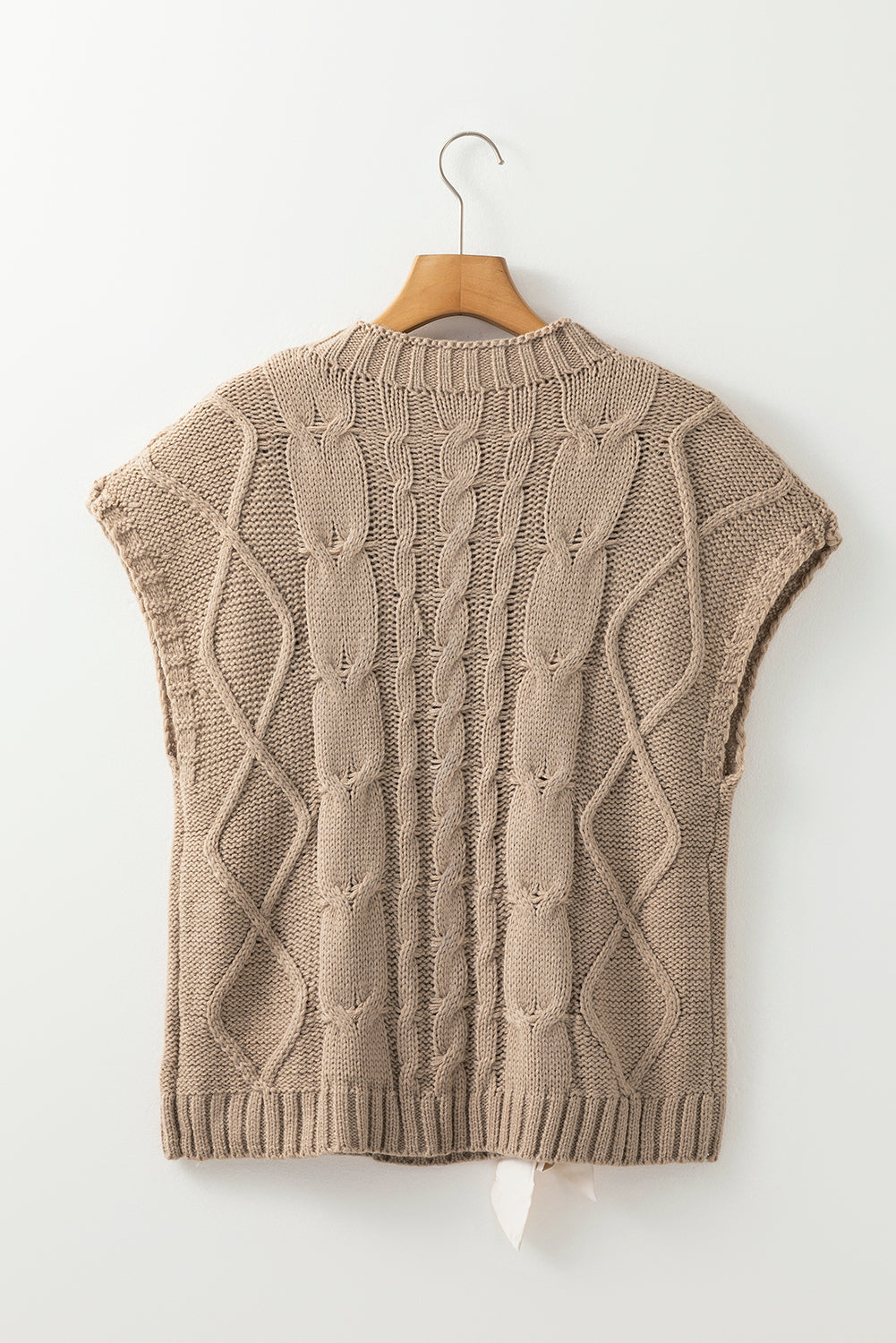 Simply Taupe Cable Knit Colourblock Satin Bowknot Short Sleeve Sweater - Sweaters & Cardigans/Short