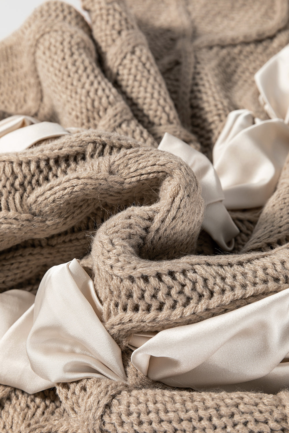 Simply Taupe Cable Knit Colourblock Satin Bowknot Short Sleeve Sweater - Sweaters & Cardigans/Short