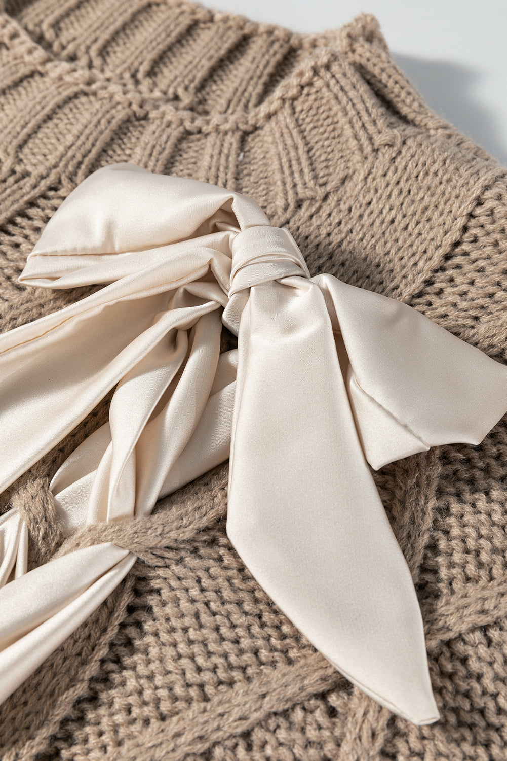 Simply Taupe Cable Knit Colourblock Satin Bowknot Short Sleeve Sweater - Sweaters & Cardigans/Short