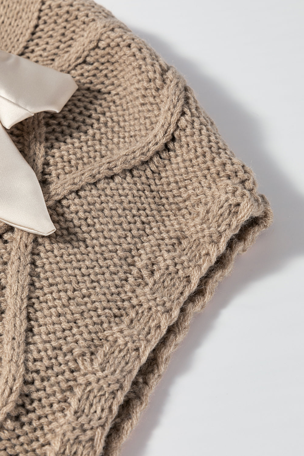 Simply Taupe Cable Knit Colourblock Satin Bowknot Short Sleeve Sweater - Sweaters & Cardigans/Short