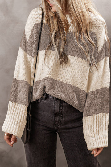 Simply Taupe Colourblock Loose Pullover Sweater - SIMPLY TAUPE / S / 33% ACRYLIC + 27% POLYESTER + 25% COTTON + 15%