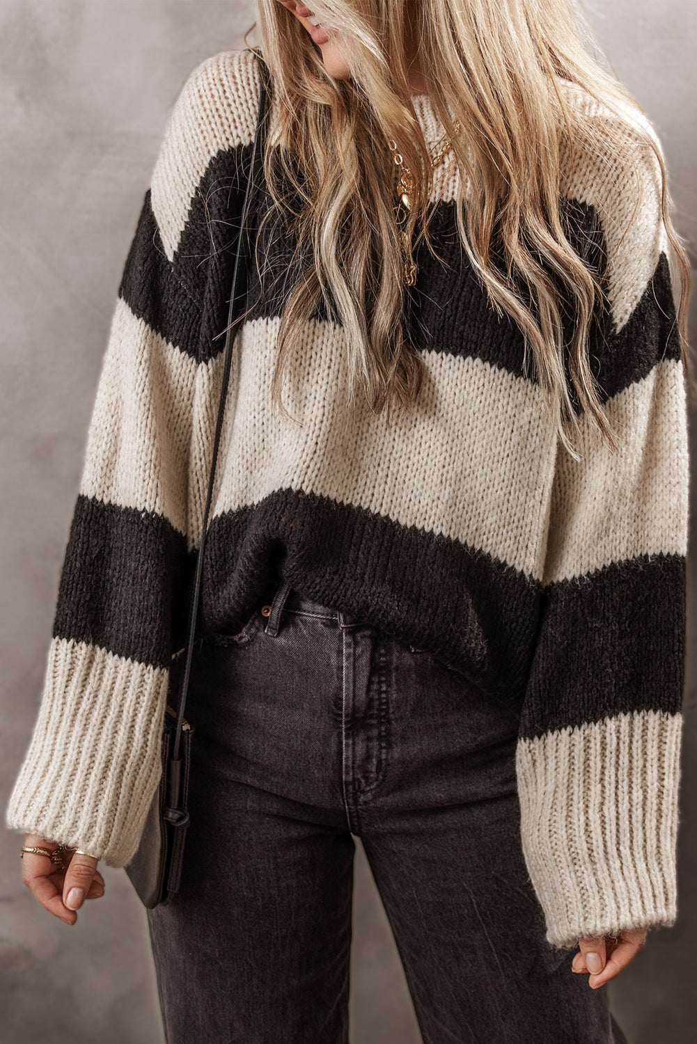 Simply Taupe Colourblock Loose Pullover Sweater - JET STREAM / S / 33% ACRYLIC + 27% POLYESTER + 25% COTTON + 15%