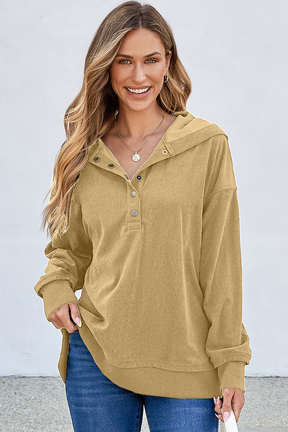Simply Taupe Solid Ribbed Knit Buttoned Drop Shoulder Oversized Hoodie - eAura