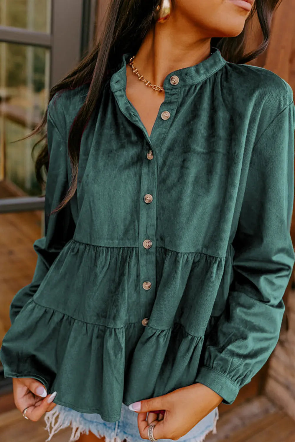 Skobeloff Corduroy Ruffle Tiered Buttoned O Neck Shirt Beagle Boutique Fashion Outlet