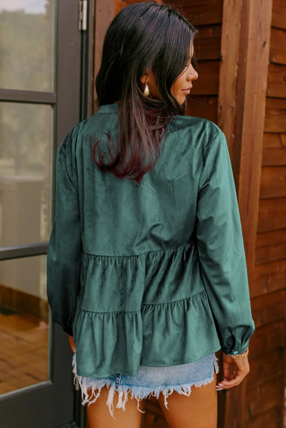 Skobeloff Corduroy Ruffle Tiered Buttoned O Neck Shirt Beagle Boutique Fashion Outlet