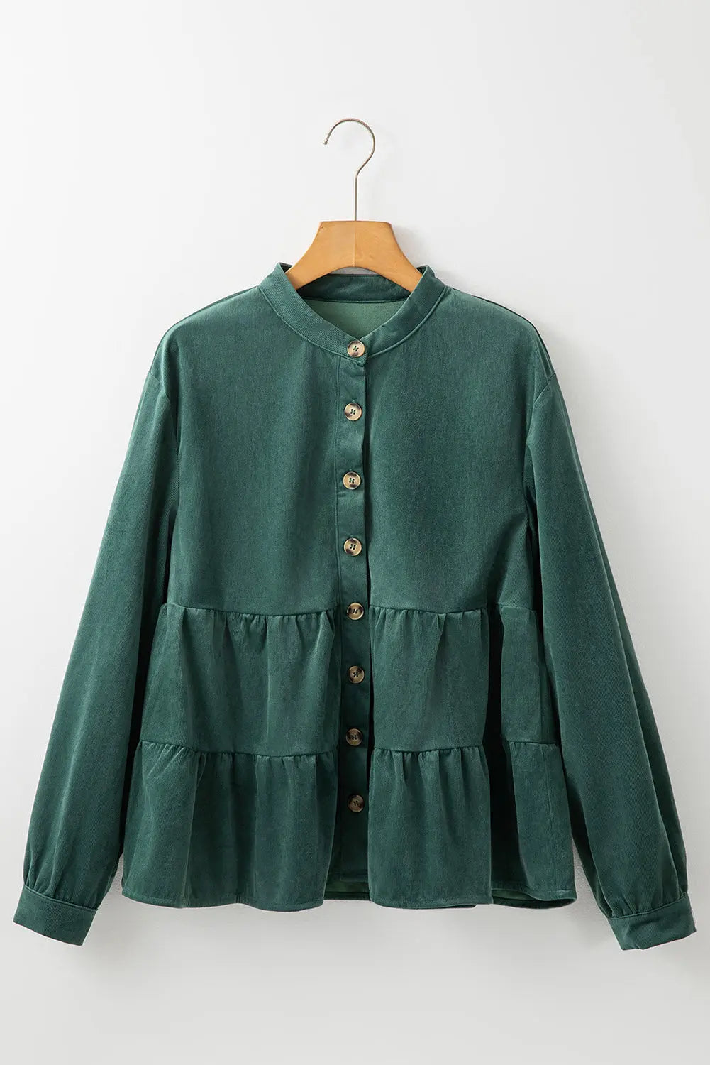 Skobeloff Corduroy Ruffle Tiered Buttoned O Neck Shirt Beagle Boutique Fashion Outlet