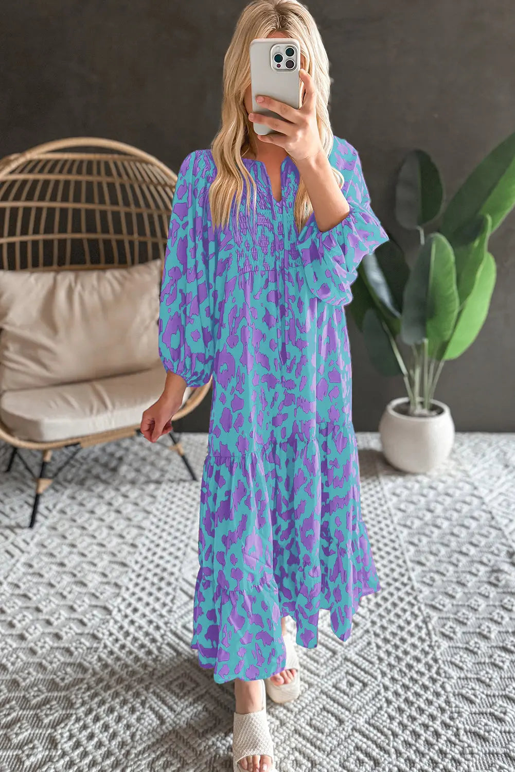 Sky Blue Abstract Print Puff Sleeve Tied Notched Neck Long Dress Beagle Boutique Fashion Outlet