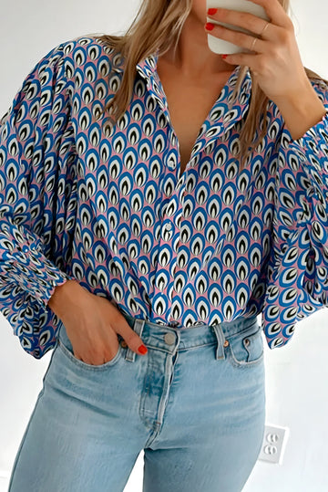 Sky Blue Abstract Print Shirred Cuff Buttoned Oversized Shirt - eAura