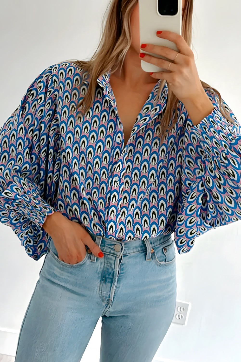 Sky Blue Abstract Print Shirred Cuff Buttoned Oversized Shirt - eAura