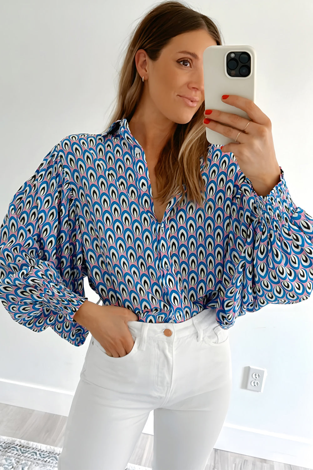 Sky Blue Abstract Print Shirred Cuff Buttoned Oversized Shirt - eAura