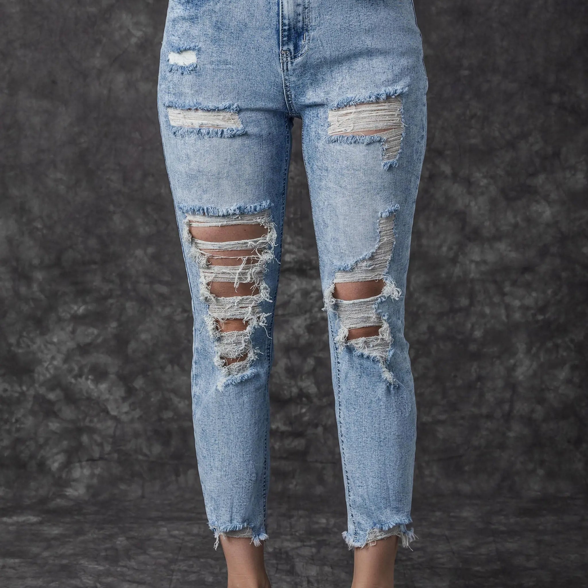 Sky Blue Acid Wash Distressed Slim Fit Jeans eAura