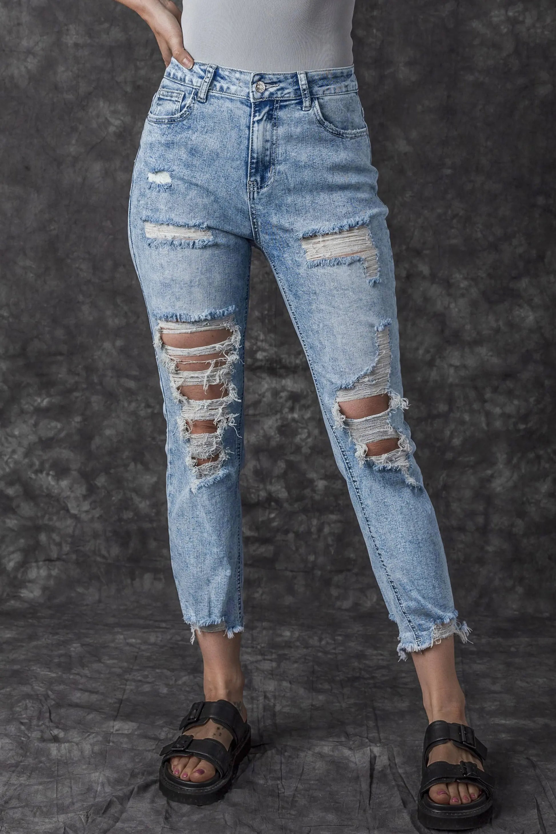 Sky Blue Acid Wash Distressed Slim Fit Jeans eAura