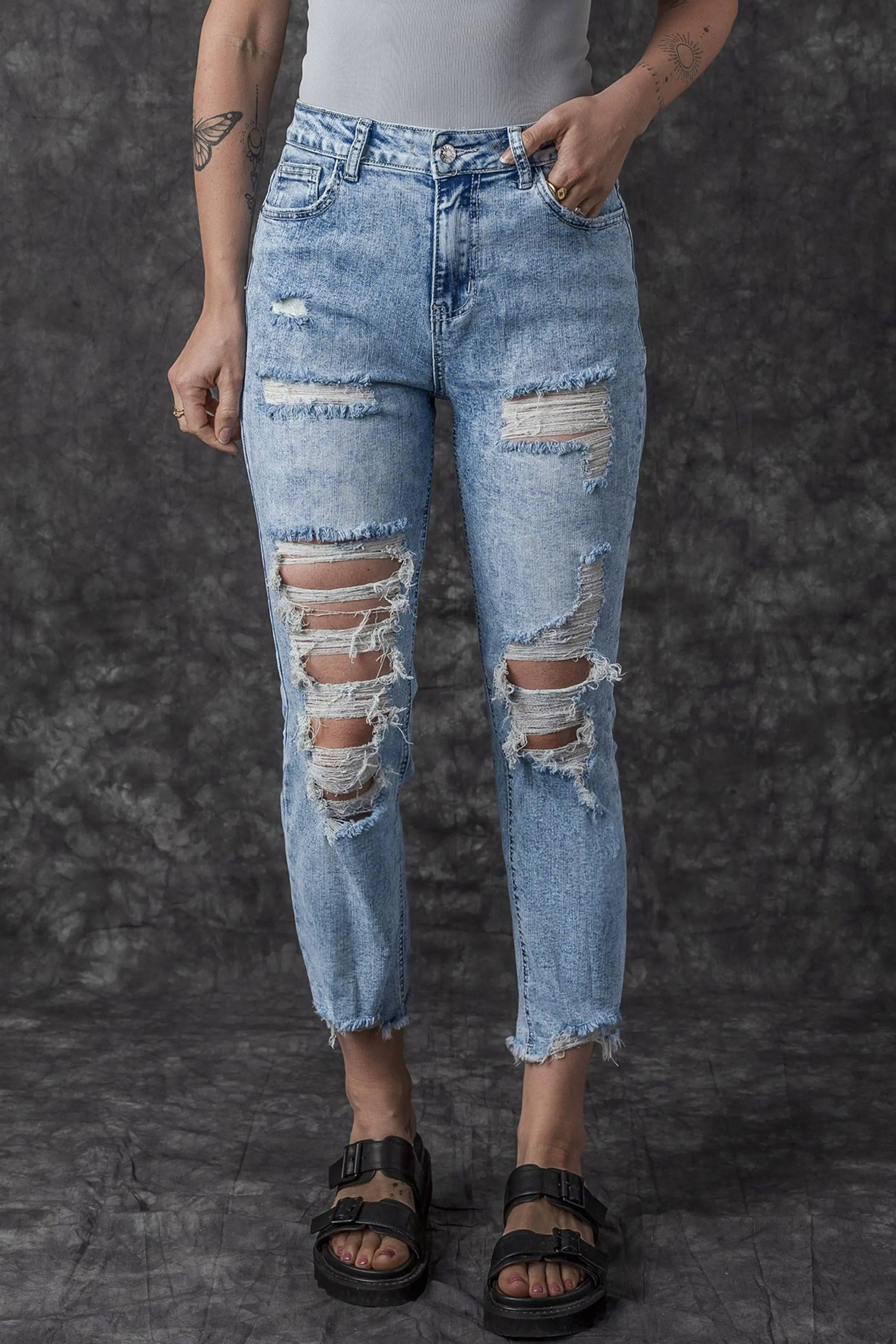 Sky Blue Acid Wash Distressed Slim Fit Jeans eAura