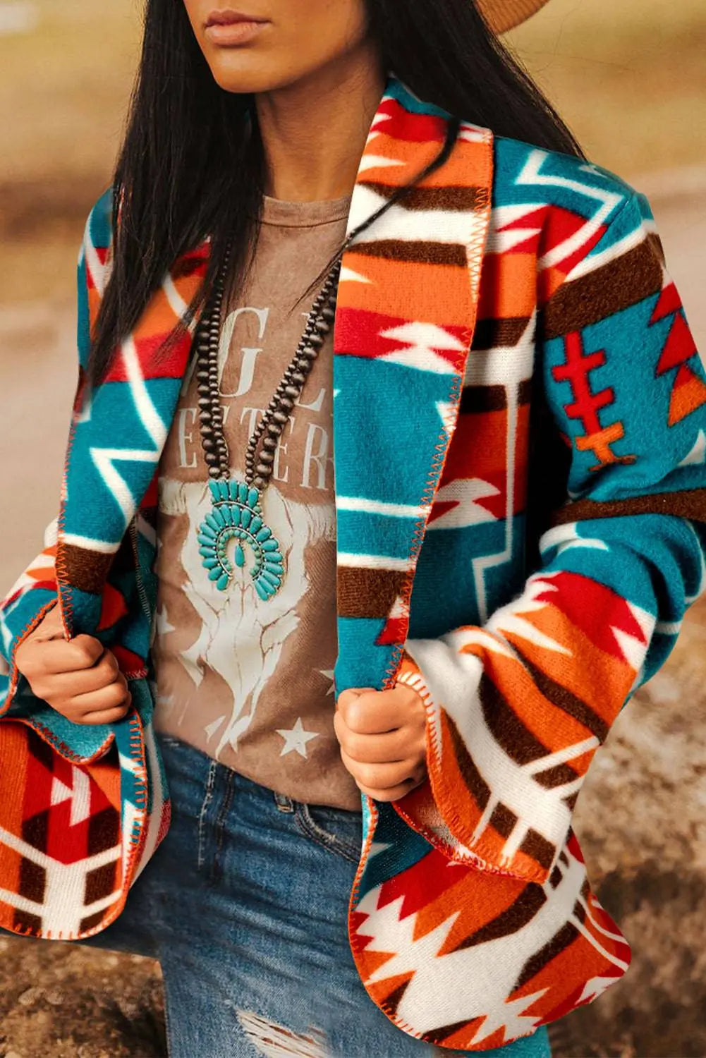 Sky Blue Aztec Printed Lapel Bell Sleeve Jacket - BB Fashion Outlet
