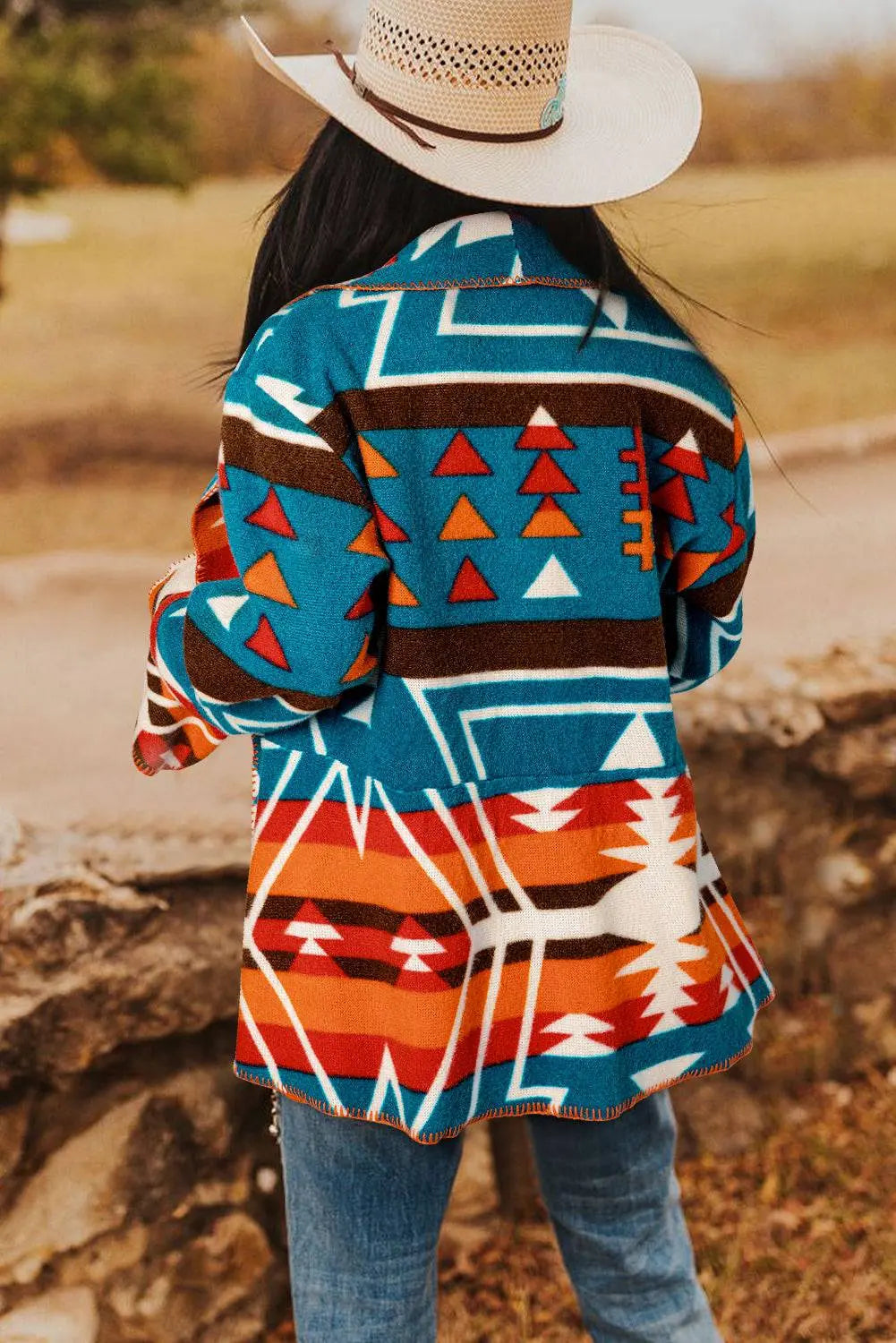 Sky Blue Aztec Printed Lapel Bell Sleeve Jacket - BB Fashion Outlet