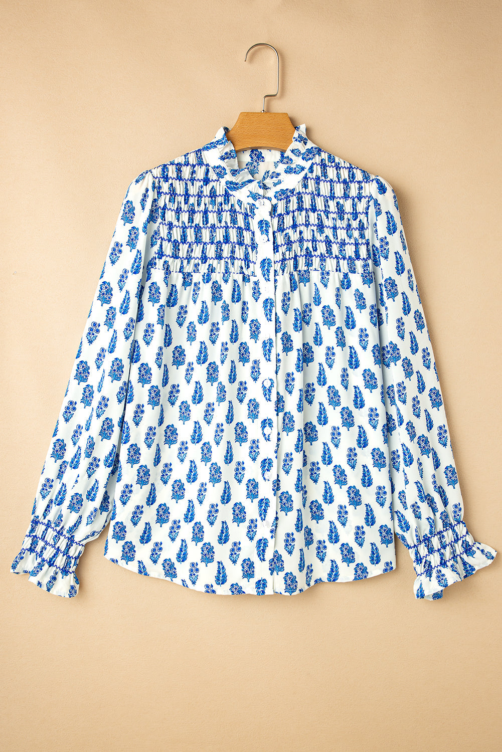 Sky Blue Boho Floral Printed Lantern Sleeve Frilled Neck Shirred Shirt - eAura