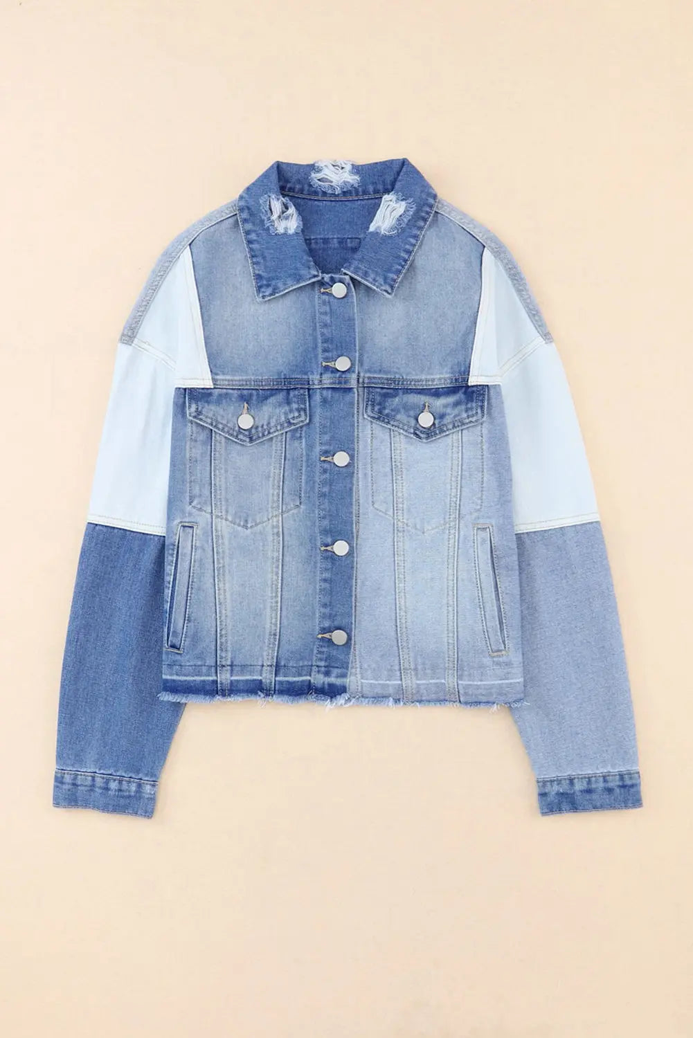 Sky Blue Colour Block Denim Patchwork Frayed Hem Jacket - Outerwear/Denim jackets