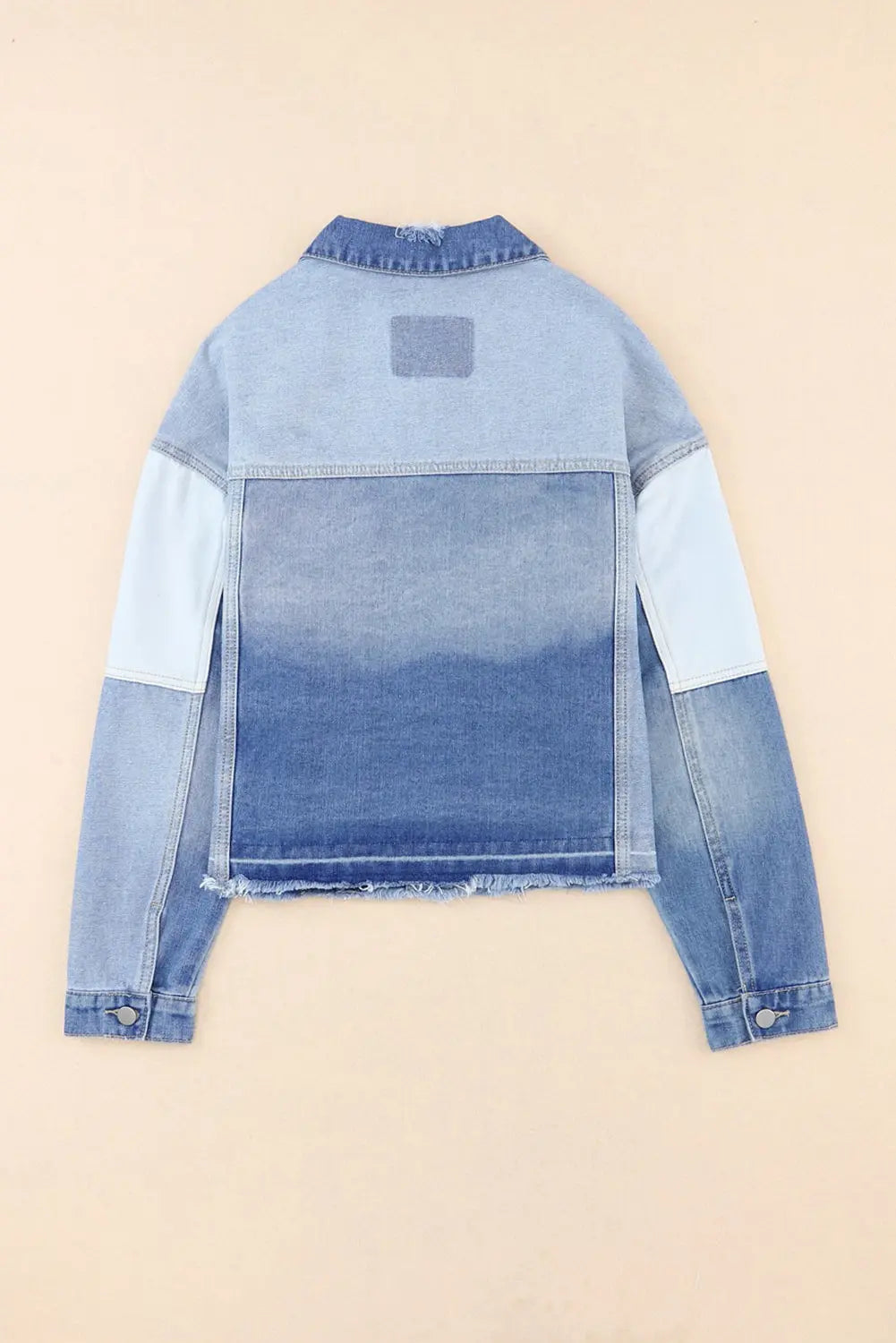 Sky Blue Colour Block Denim Patchwork Frayed Hem Jacket - eAura