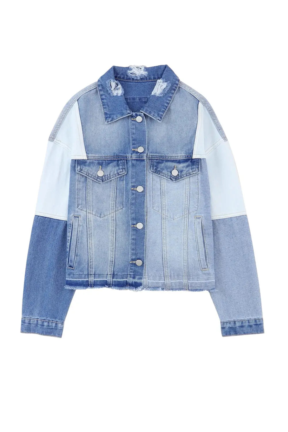 Sky Blue Colour Block Denim Patchwork Frayed Hem Jacket - eAura