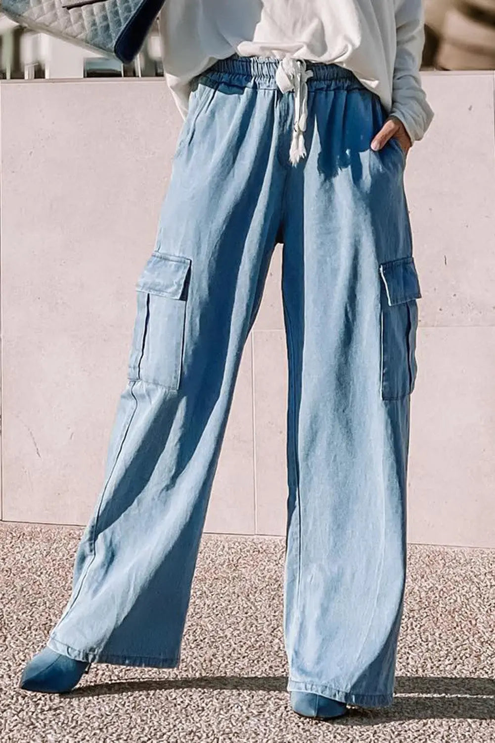 Sky Blue Drawstring High Waist Cargo Pocket Wide Leg Jeans eAura