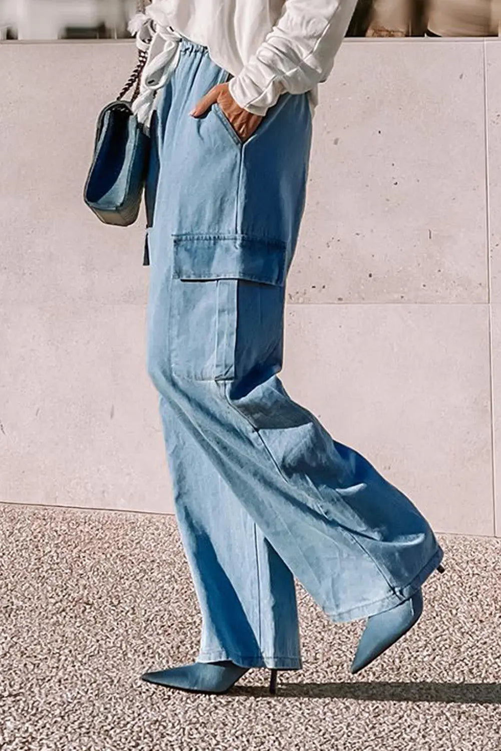 Sky Blue Drawstring High Waist Cargo Pocket Wide Leg Jeans eAura