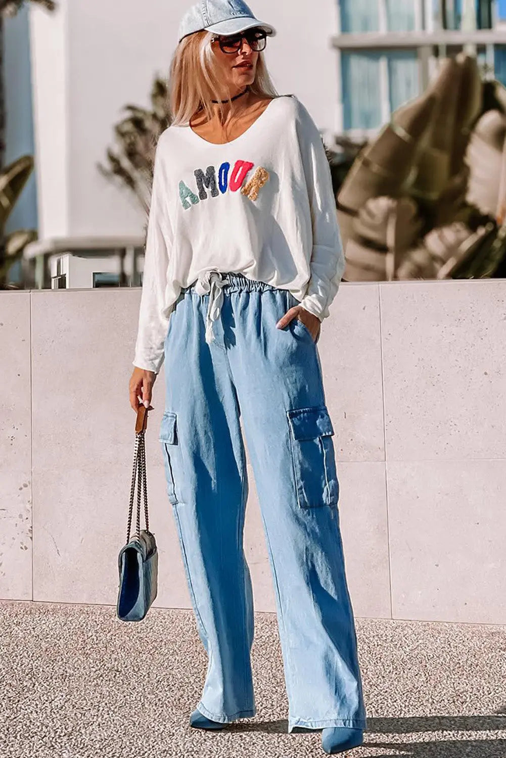 Sky Blue Drawstring High Waist Cargo Pocket Wide Leg Jeans eAura