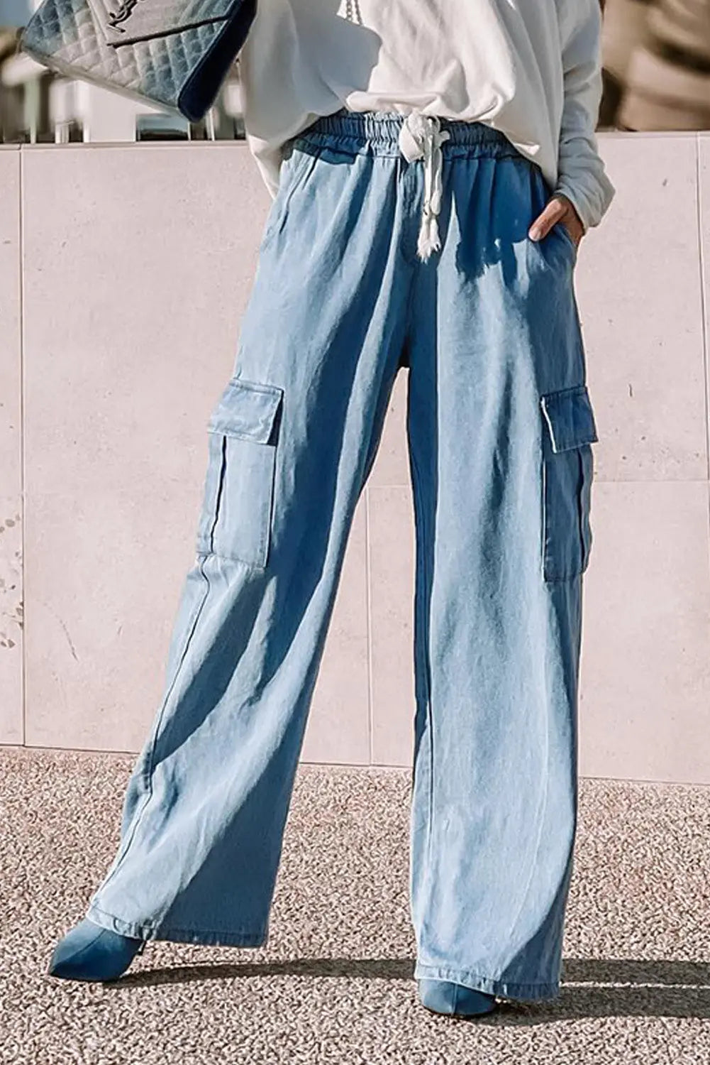 Sky Blue Drawstring High Waist Cargo Pocket Wide Leg Jeans eAura