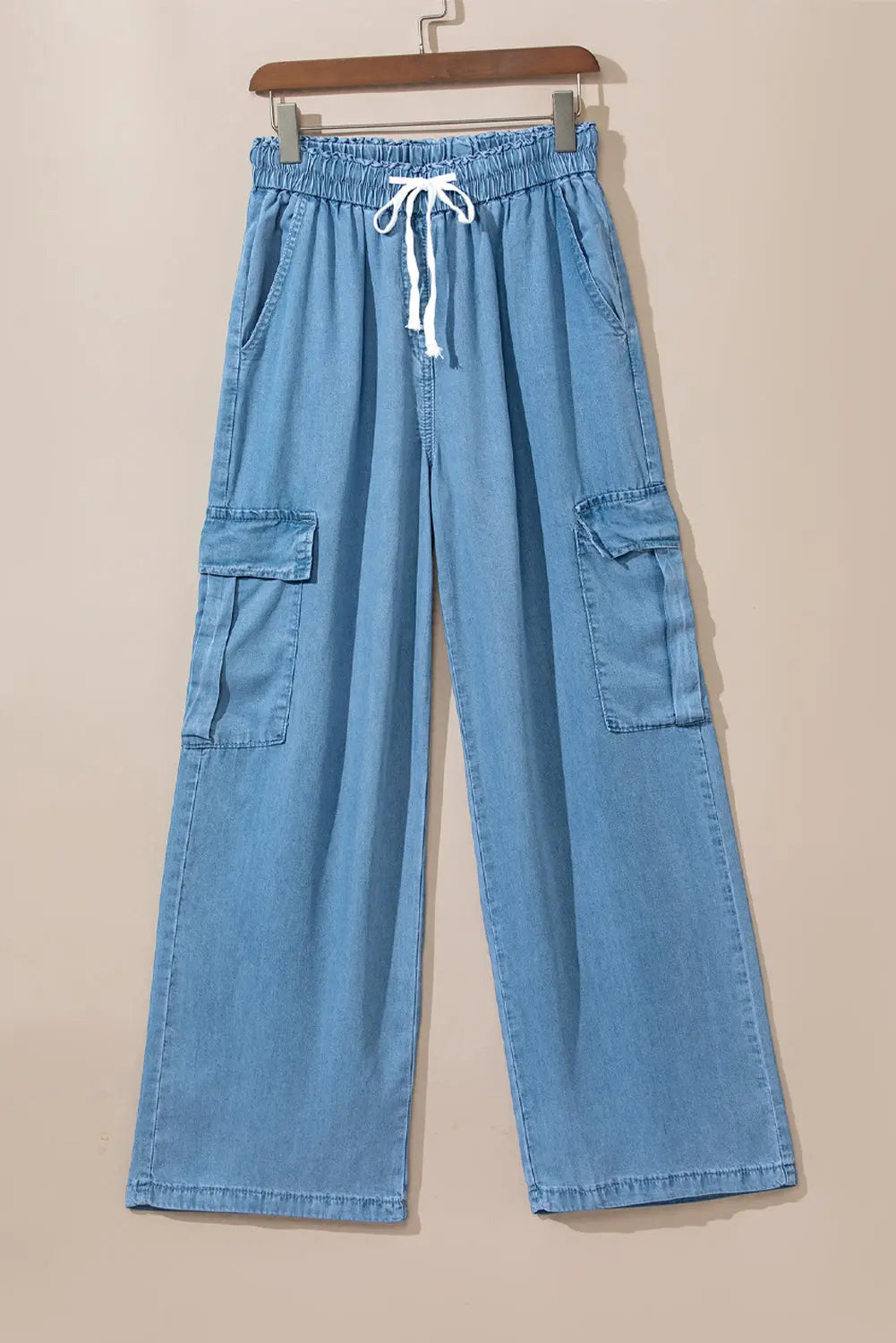 Sky Blue Drawstring High Waist Cargo Pocket Wide Leg Jeans eAura