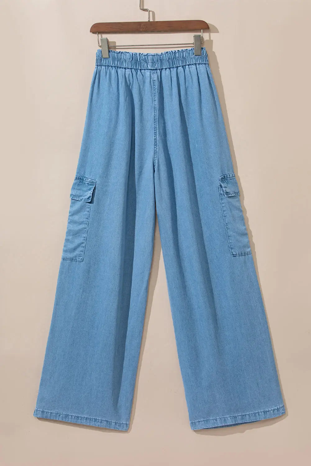 Sky Blue Drawstring High Waist Cargo Pocket Wide Leg Jeans eAura
