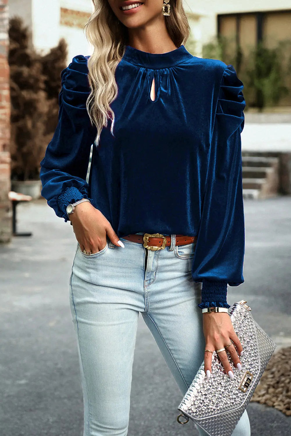 Sky Blue Fiery Mock Neck Puff Sleeve Velvet Blouse Beagle Boutique Fashion Outlet