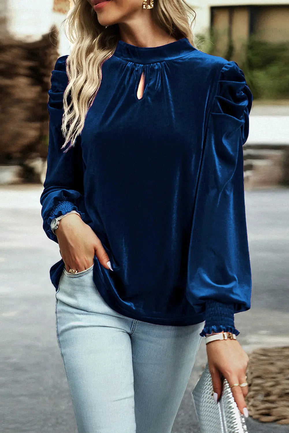 Sky Blue Fiery Mock Neck Puff Sleeve Velvet Blouse Beagle Boutique Fashion Outlet