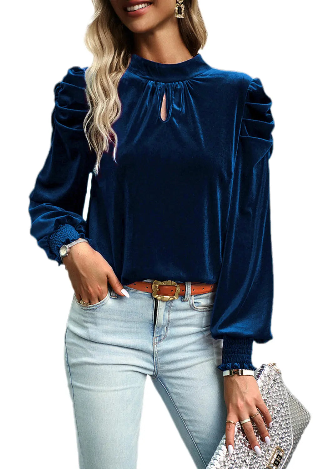 Sky Blue Fiery Mock Neck Puff Sleeve Velvet Blouse Beagle Boutique Fashion Outlet