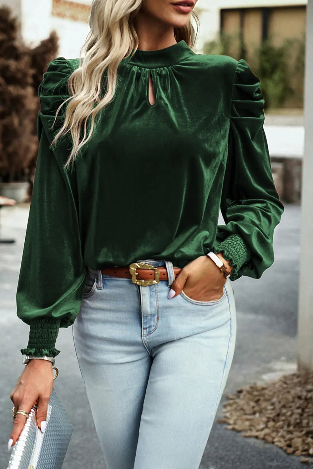 Sky Blue Fiery Mock Neck Puff Sleeve Velvet Blouse Beagle Boutique Fashion Outlet