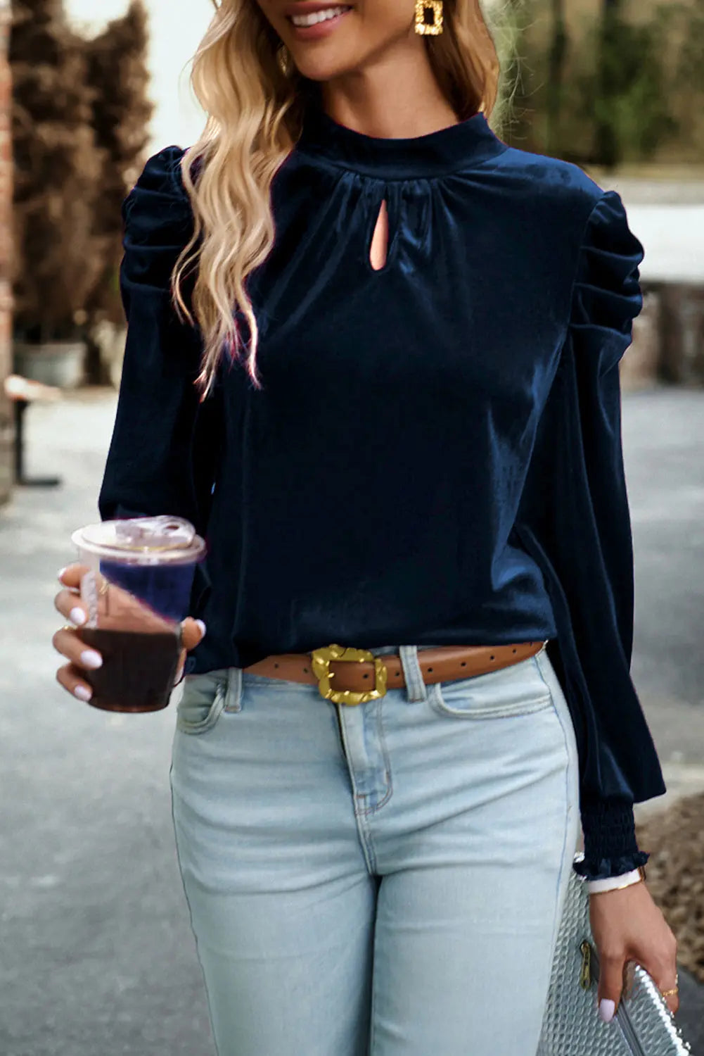 Sky Blue Fiery Mock Neck Puff Sleeve Velvet Blouse Beagle Boutique Fashion Outlet