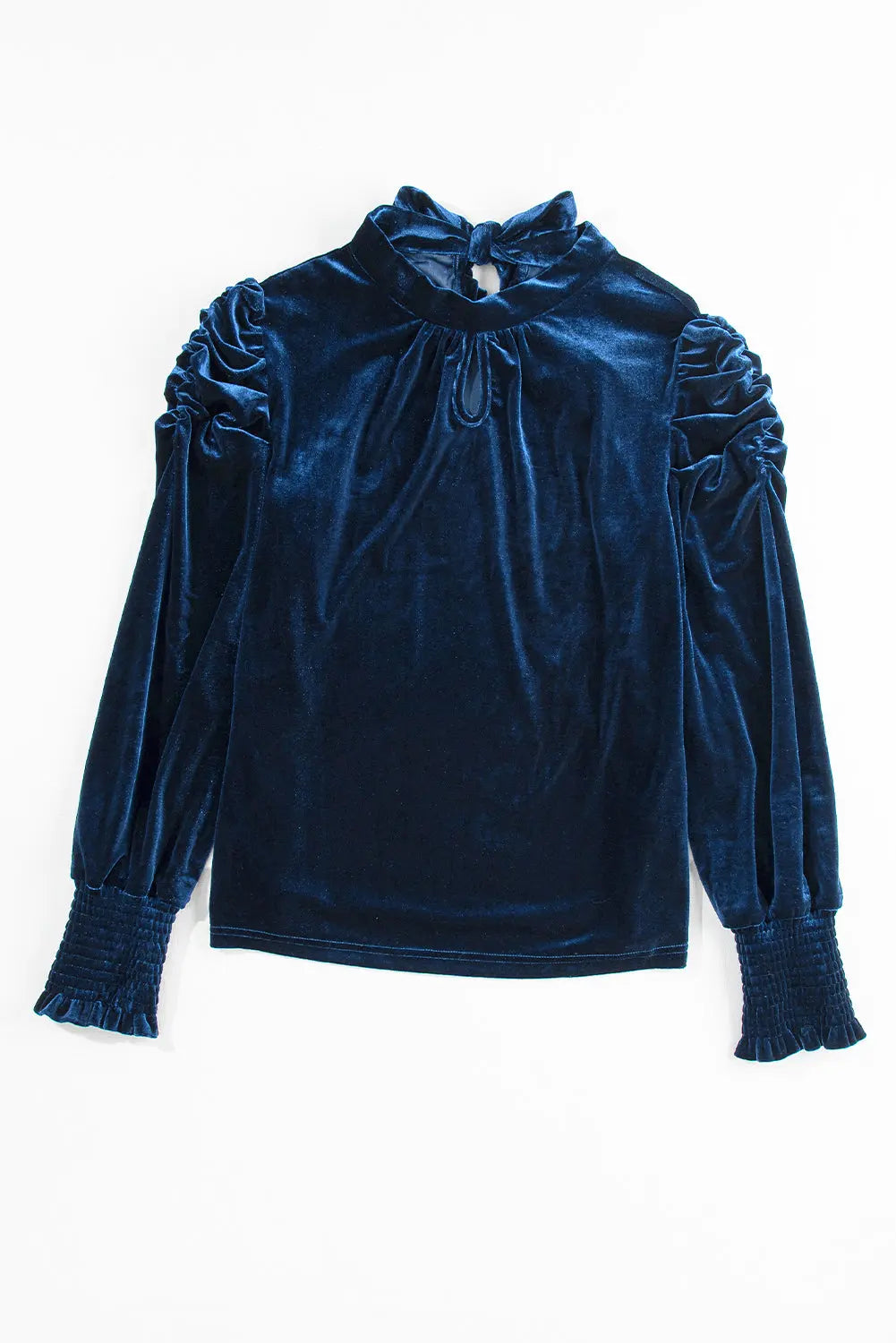 Sky Blue Fiery Mock Neck Puff Sleeve Velvet Blouse Beagle Boutique Fashion Outlet