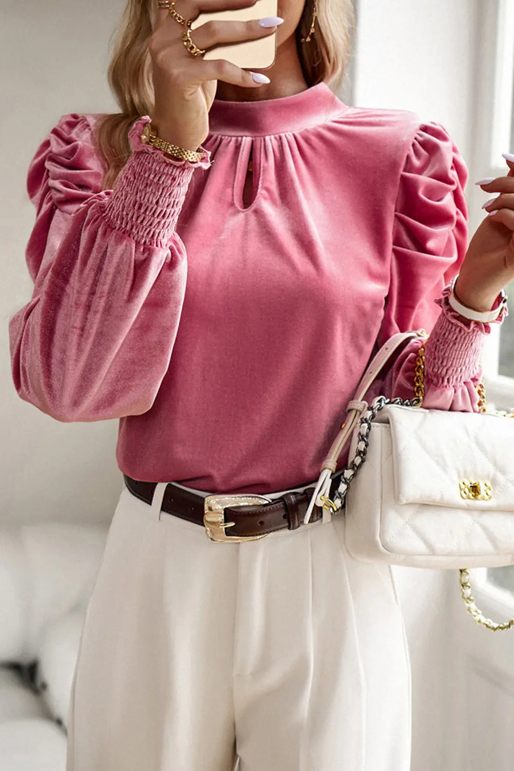 Sky Blue Fiery Mock Neck Puff Sleeve Velvet Blouse - eAura