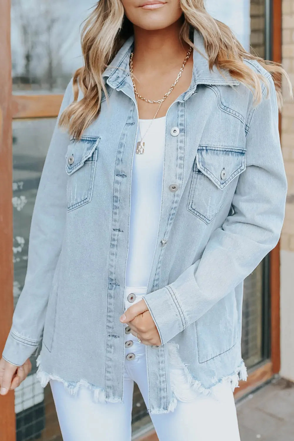 Sky Blue Flap Pocket Buttoned Raw Hem Denim Jacket - eAura