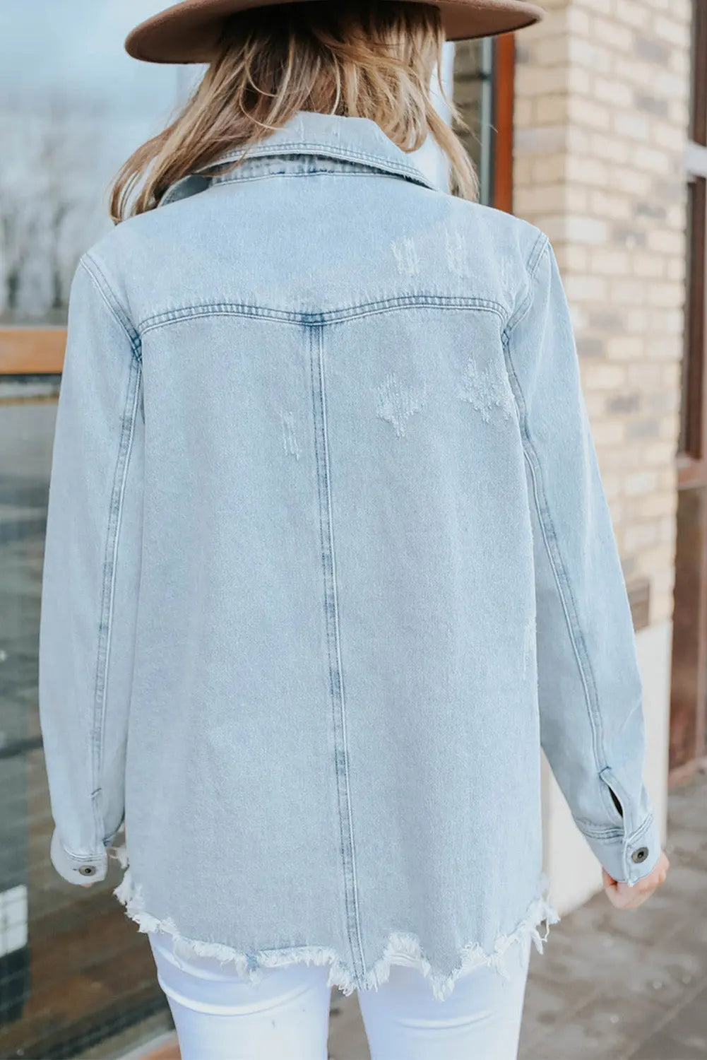 Sky Blue Flap Pocket Buttoned Raw Hem Denim Jacket - eAura