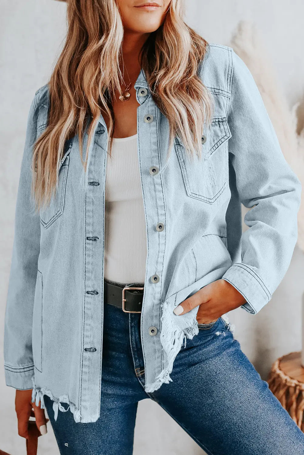 Sky Blue Flap Pocket Buttoned Raw Hem Denim Jacket - eAura