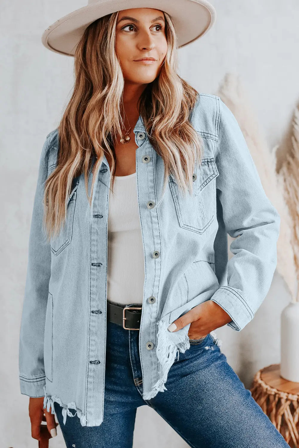 Sky Blue Flap Pocket Buttoned Raw Hem Denim Jacket - eAura