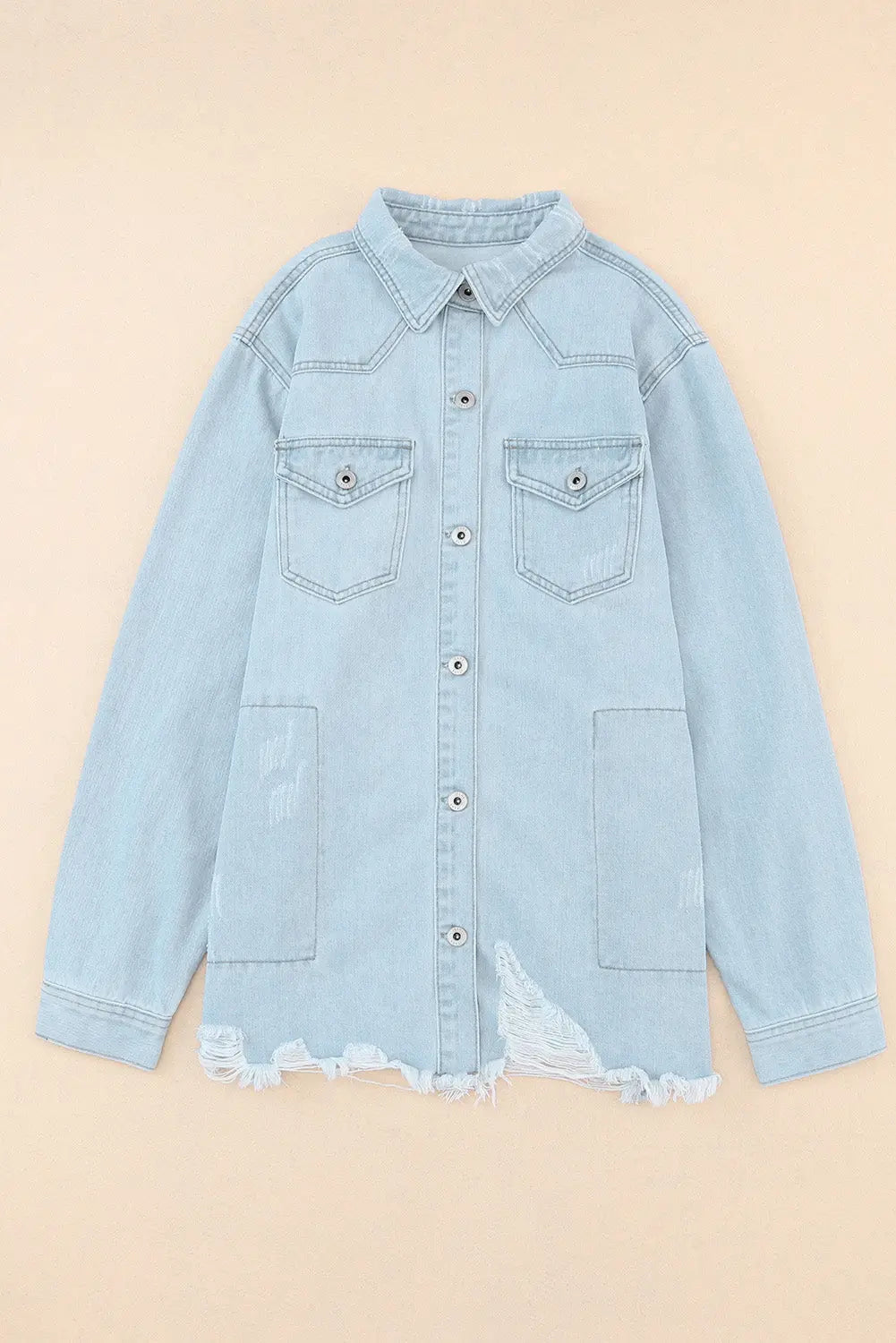 Sky Blue Flap Pocket Buttoned Raw Hem Denim Jacket - eAura