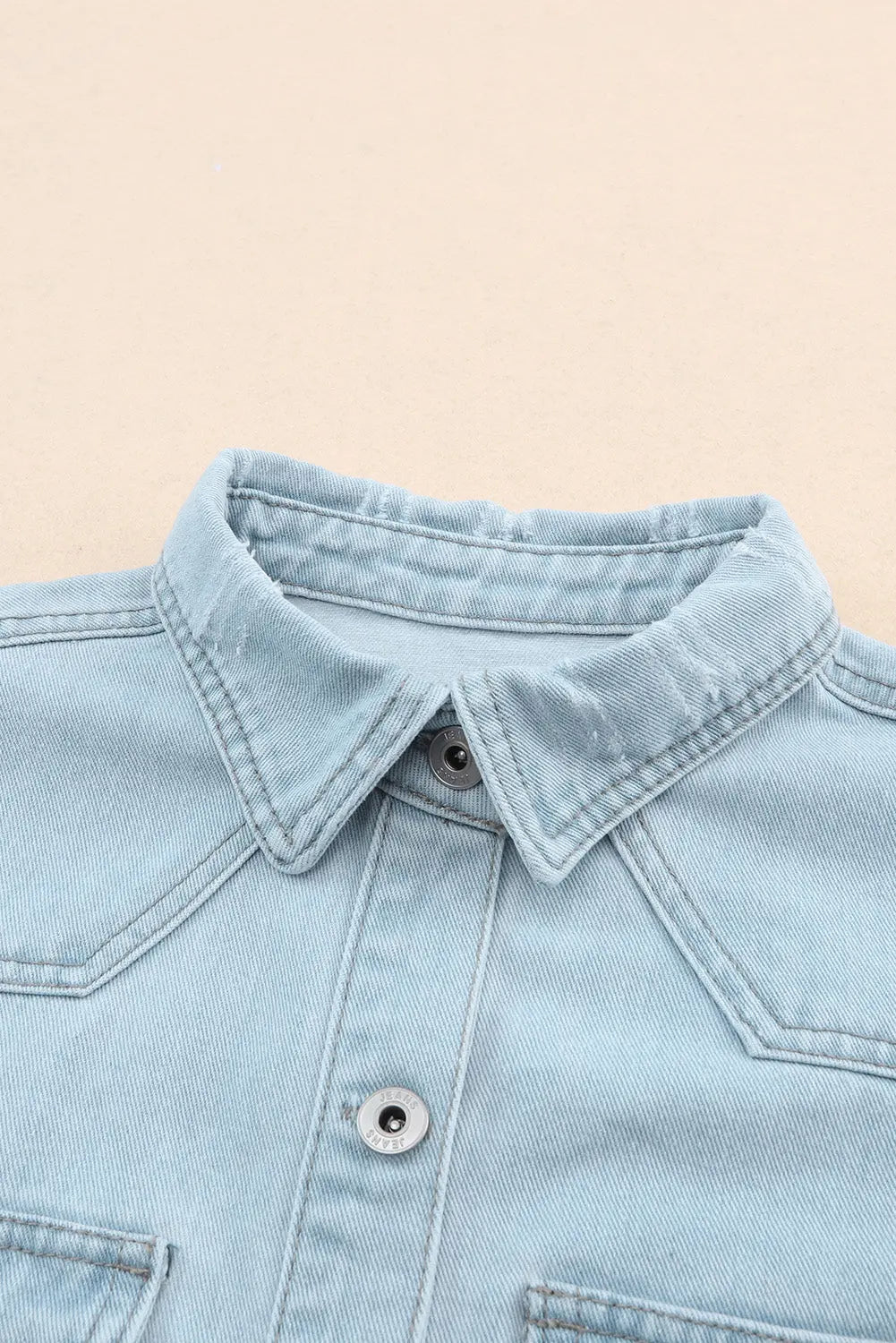 Sky Blue Flap Pocket Buttoned Raw Hem Denim Jacket - eAura