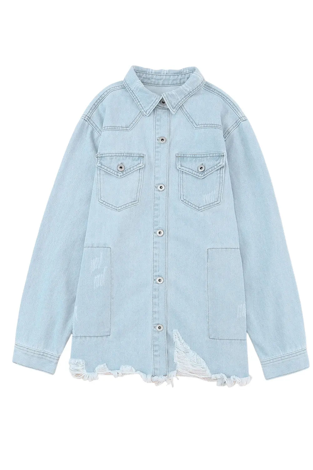 Sky Blue Flap Pocket Buttoned Raw Hem Denim Jacket - eAura