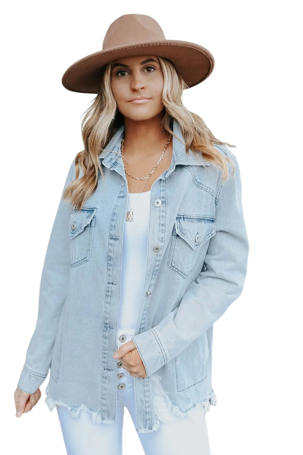 Sky Blue Flap Pocket Buttoned Raw Hem Denim Jacket - eAura