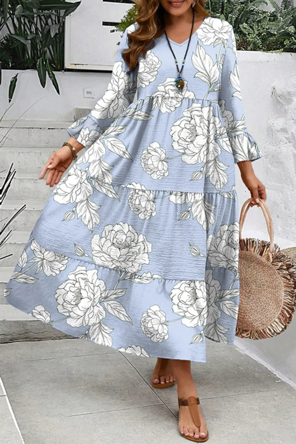 Sky Blue Floral Bell Sleeve V Neck Plus Size Tiered Maxi Dress - eAura